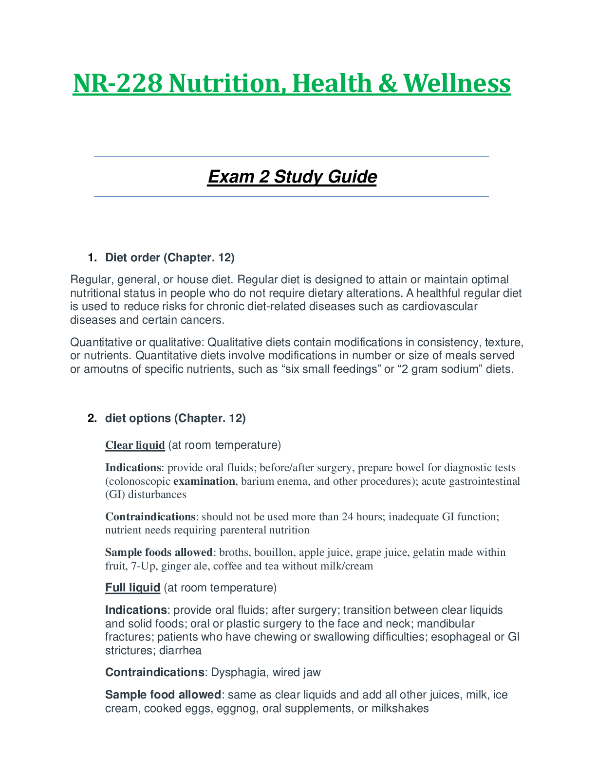 Preview of NR228 / NR-228 Exam 2 Study Guide  : Nutrition, Health & Wellness - Chamberlain